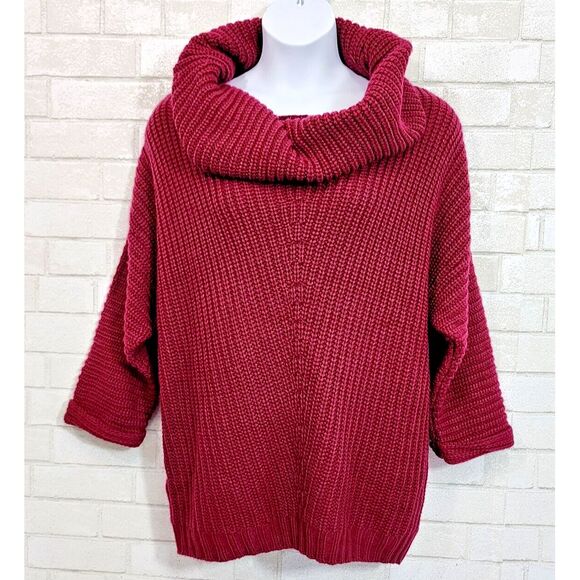 Umgee Sweaters - Umgee Maroon Burgundy Cowl Neck Chunky Knit Sweater Pullover Womens 2XL Boho